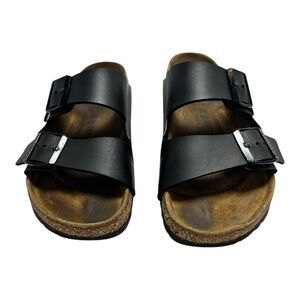 Birkenstock Arizona Black Leather Straps Cork Footbed Boho Sandals Womens Sz 37